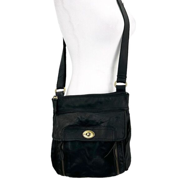 Vintage Fossil Black Leather Crossbody Front Flap Pocket Note Photos For Flaws - Picture 1 of 16